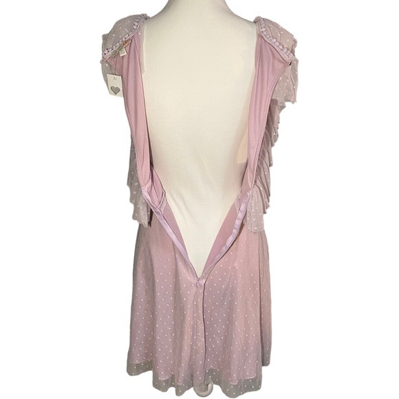 Gianni Bini Women's‎ Medium Lilac Swiss Dot Mesh Ruffle Open Back Mini Dress - Picture 7 of 10